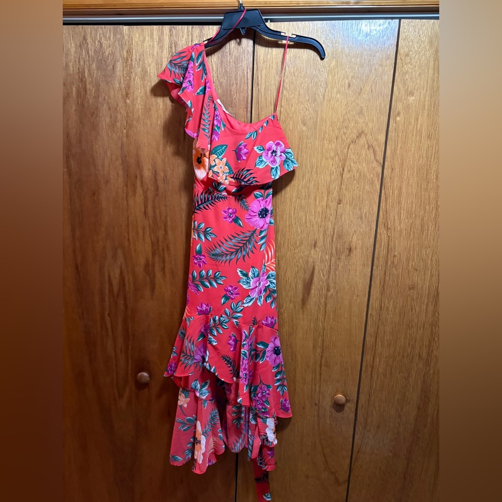 Mi Ami Red Floral One Shoulder Ruffled High Low Dress - Picture 5 of 9
